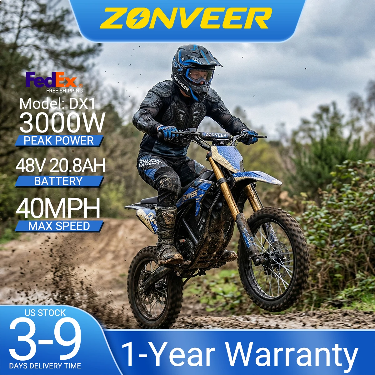 

Zonveer DX1 3000W Peak Electric Dirt Bike for Adults, 998.4WH Battery, 40MPH Off-Road Electric Motorcycle, Hydraulic Brakes