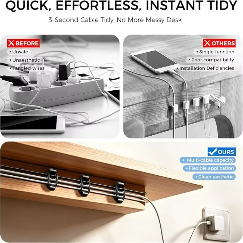 New Adjustable Cable Clip Organizer Desktop Cord Fixed Hooks Cable Clips Self-Adhesive Under Desk Management Cord Organizer