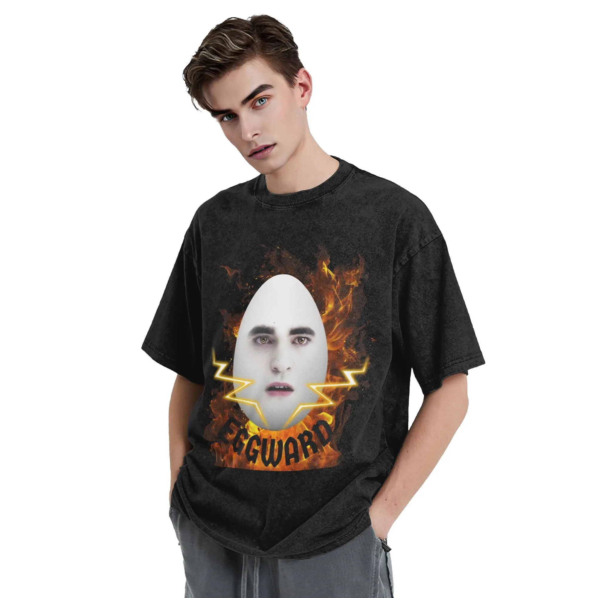 Washed T Shirt Eggward Fire Funny Meme Hip Hop T-Shirt Oversize Twilight Edward Cullen Cotton Summer Tee Shirt for Men Women