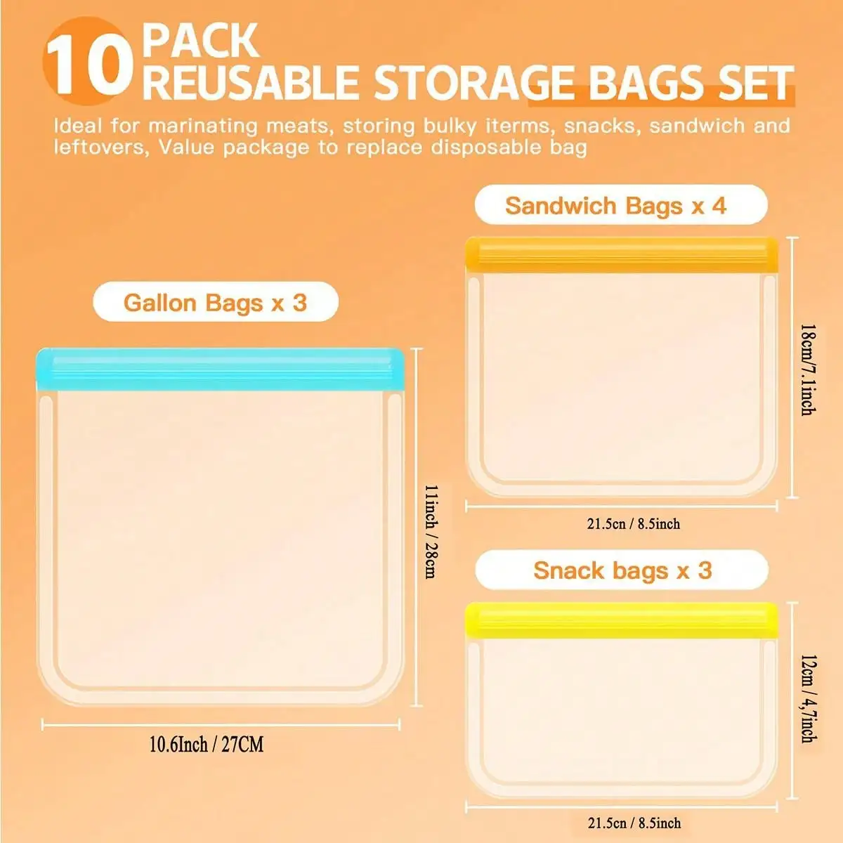 10pcs(3 Large +4 Medium +3 Small) Leak-Proof Reusable Silicone Food Storage ,Gallon Freezer&Sandwich&Snack Bag