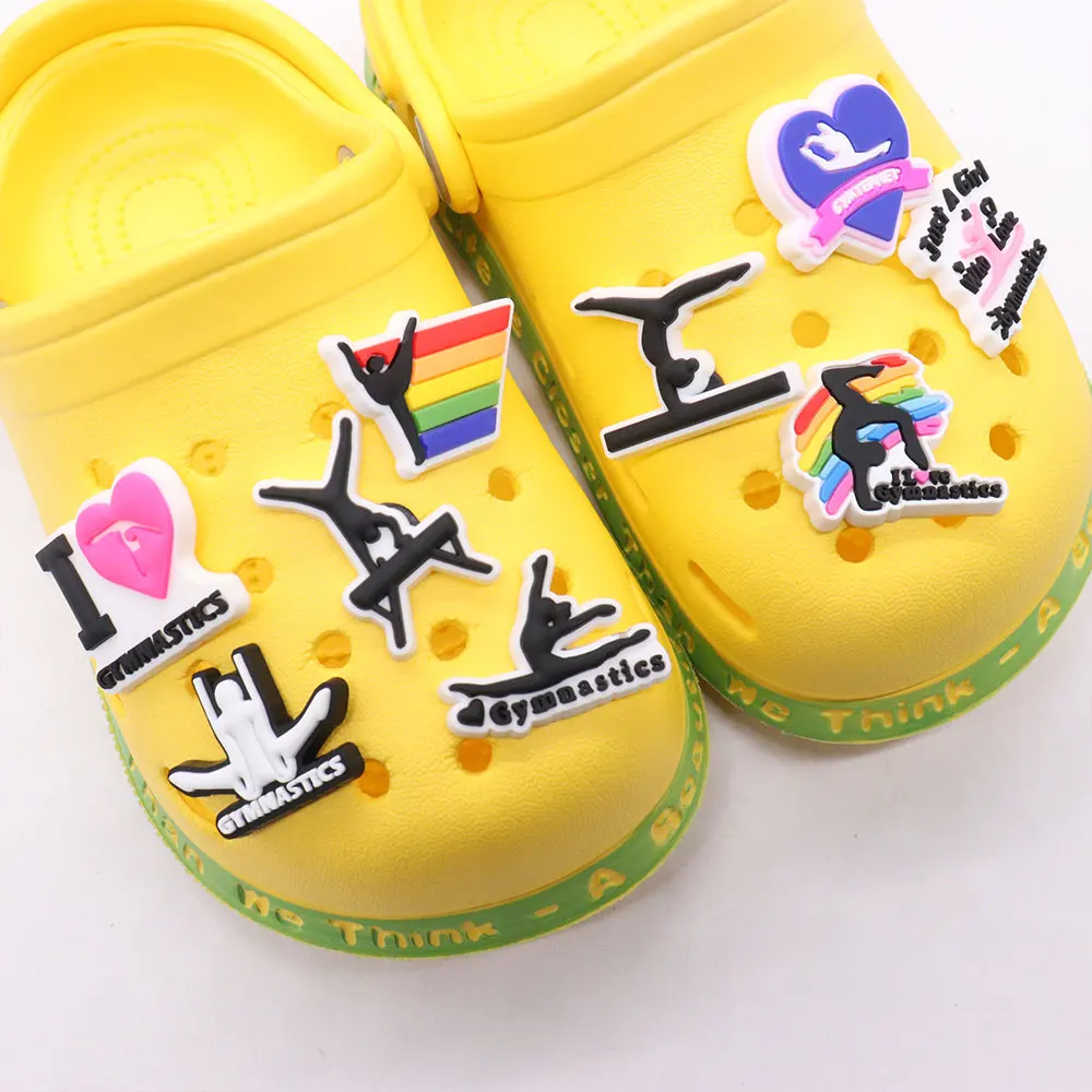 New Arrival 1pcs Just A Girl Who Love Gymnastics PVC Shoe Charms Fit Wristbands Hole Slipper Decoration Sandals Shoes Clogs Pins