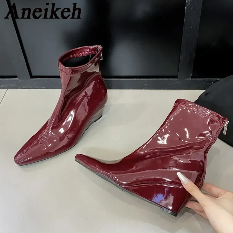 Aneikeh NEW Autumn Patent Leather Mid-Calf Boots Solid Women Shoes Wedding Pointed Toe Wedges Leisure Women Boots Shallow ZIP