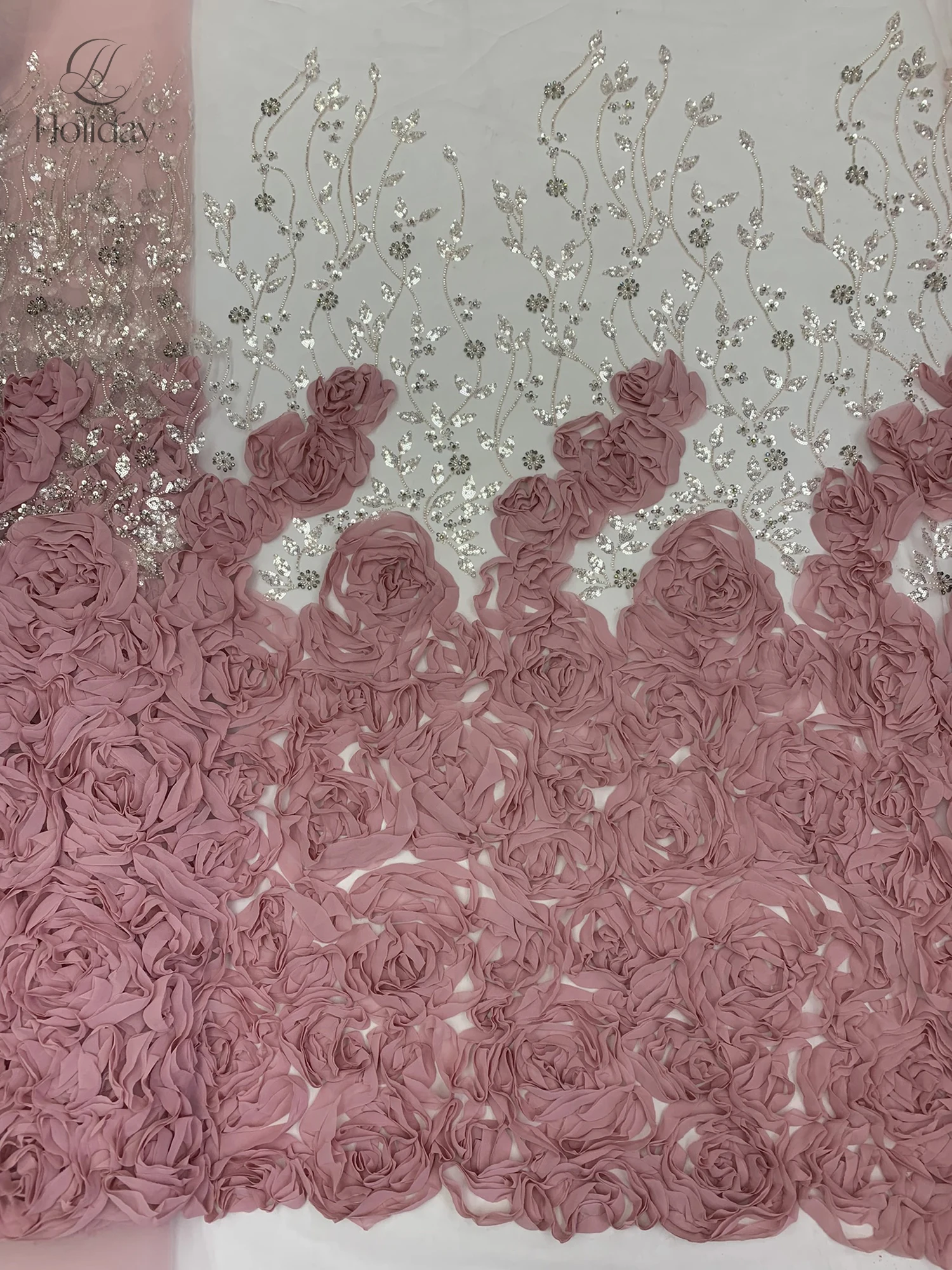 Высококачественная шифоновая ткань с 3D цветами, серебряными блестками и вышивкой бисером для роскошного свадебного платья, вечернего платья своими руками