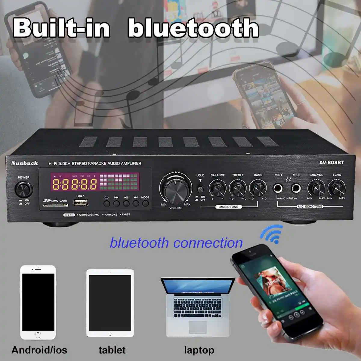 SUNBUCK 2000W 220V 110V Bluetooth5.0 Âm Thanh Bộ Khuếch Đại Công Suất Gia Đình Amplificador Âm Thanh Có Điều Khiển Từ Xa Hỗ Trợ FM USB