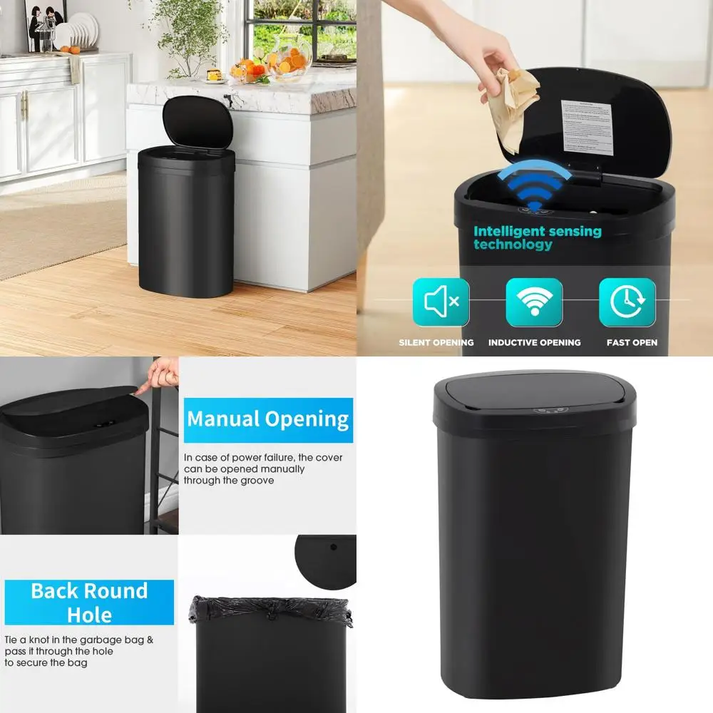 

Black 13-Gallon Automatic Trash Bin with Odor Control and Sleek Oval Design for Kitchen, Bathroom, Office