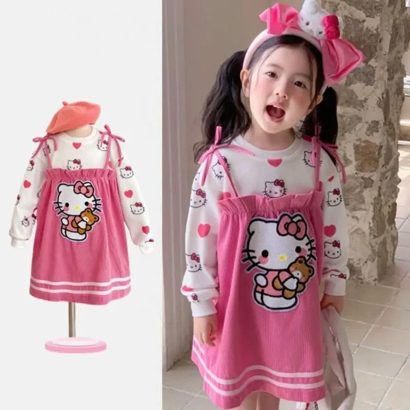 

2025 Kawaii MINISO Ins Hello Kitty Anime Long Sleeve Shirt Clothing Cute Children Autumn Winter Dress Hooeded Gifts for Kids