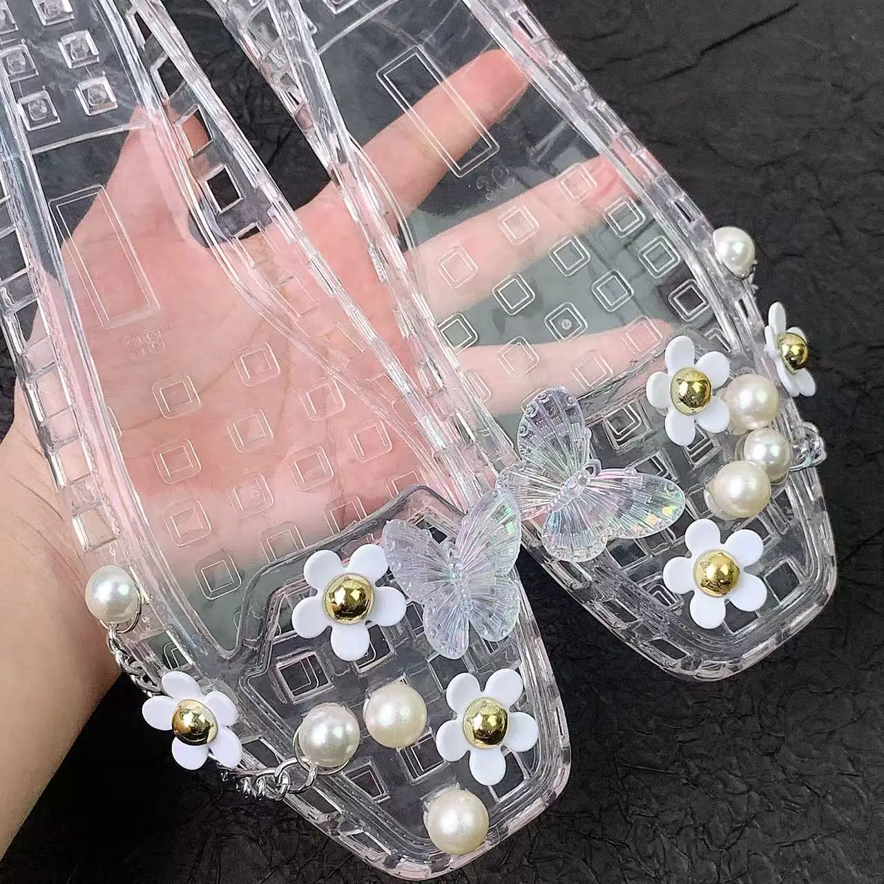 New Fashion Slippers for Women Summer Square Toe Women's Shoes White Flower Transparent Butterfly Suit Accessories Sandals Crystal Jelly Shoes Slip-On Slippers