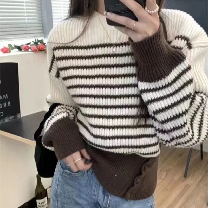 Ulzzang Pullover per le donne Giovani Casual College Caldo Autunno Inverno Ins Bottoni a righe O-Collo Allentato Manica lunga All-match Ragazze