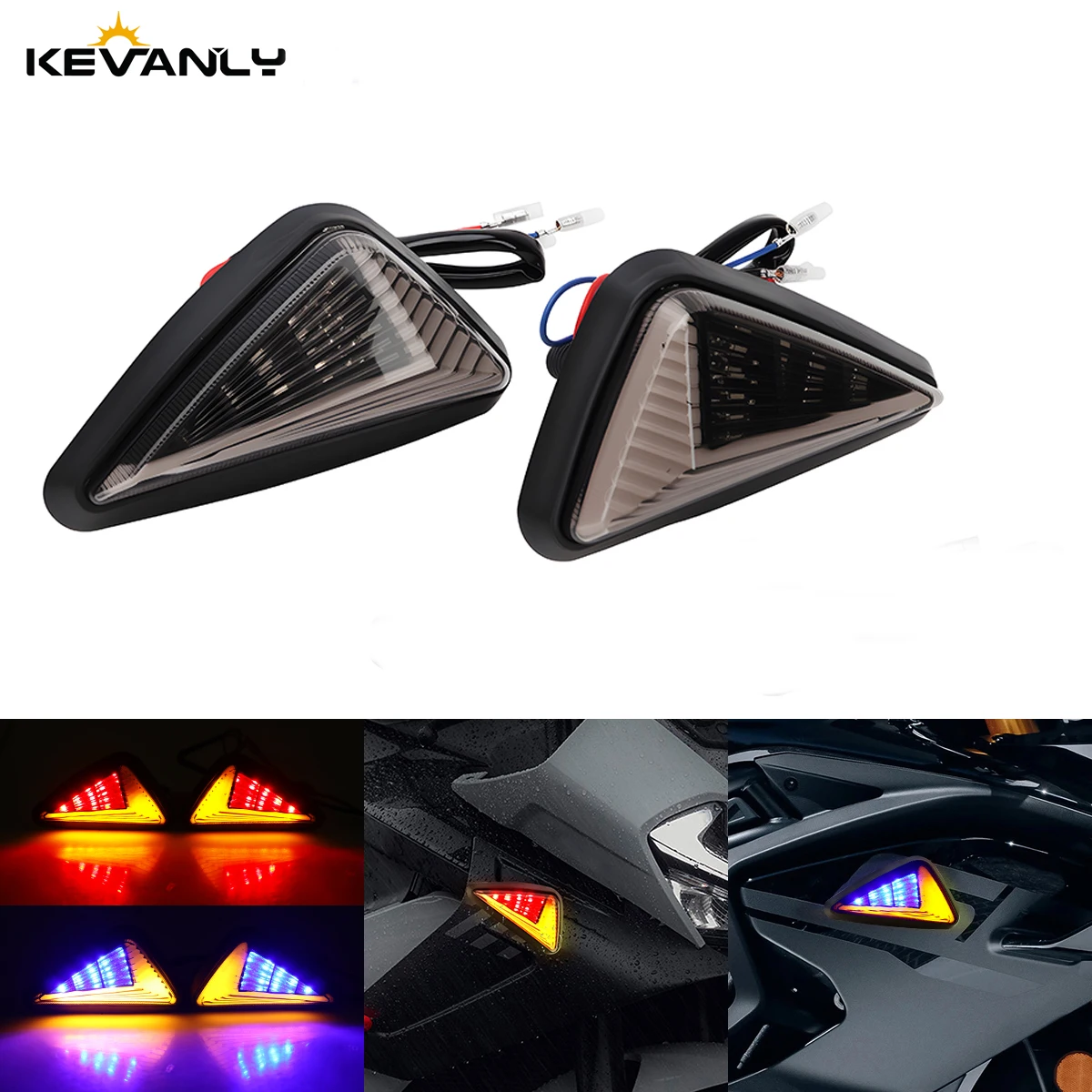 1Pair Motorcycle LED Turn Signal Light Triangular Sequential Flowing Indicator Lights Blue Yellow DRL Running Light Universal