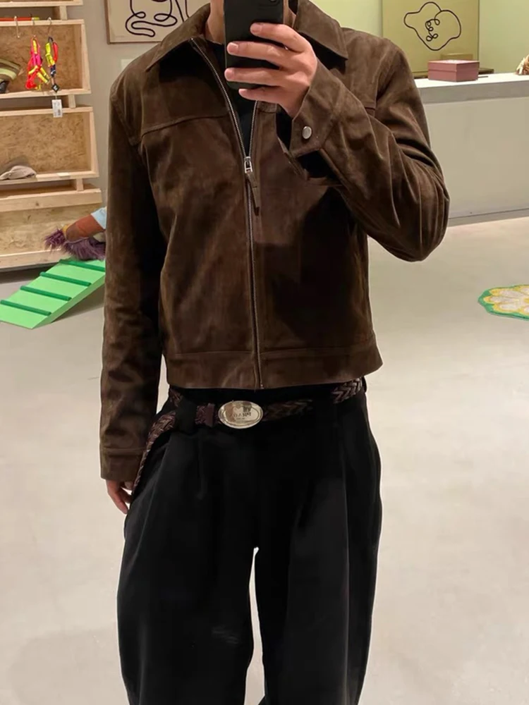 

Mens Slim Fit Jacket Vintage Streetwear Long Sleeve Coat Solid Color Casual Fall Outfit Zipper Lapel Short