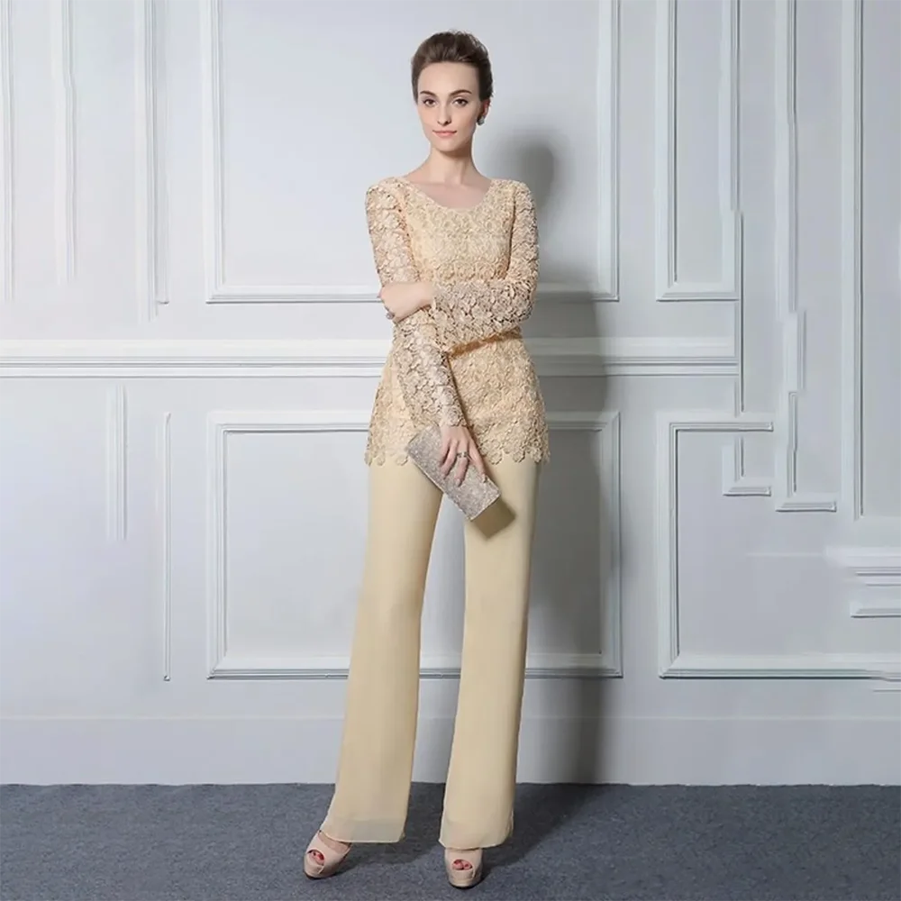 Pantaloni di pizzo giallo chiaro abiti per la madre della sposa abiti da sposo formali economici scollo gioiello abiti da sposa in Chiffon per gli ospiti