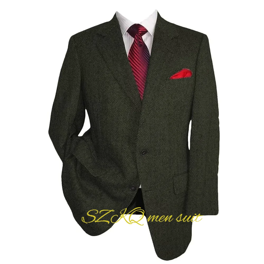 Tweed Blazer Men Vintage Casual Herringbone Tweed Suit Jackets Two Button Notch Lapel Wool Blend Sports Coat