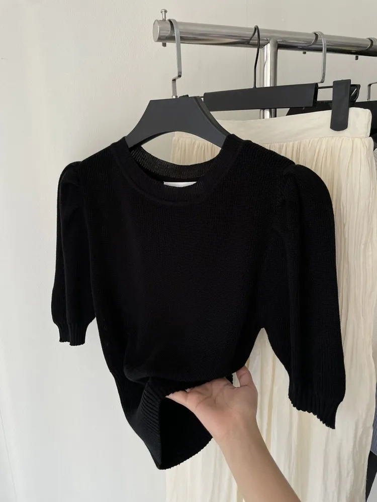 グリーンアイスシルクニット半袖Tシャツ レディース 薄手 夏 ユニーク エレガント パフスリーブ ミドル丈トップス おしゃれ カジュアルウェア