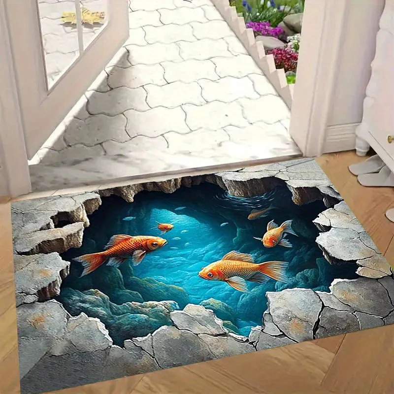 Watercolor Koi Fish Lotus Pond Doormat Oriental Lucky Carp Water Lily Print Decorative Farmhouse Indoor Kitchen Entry Floor Mat