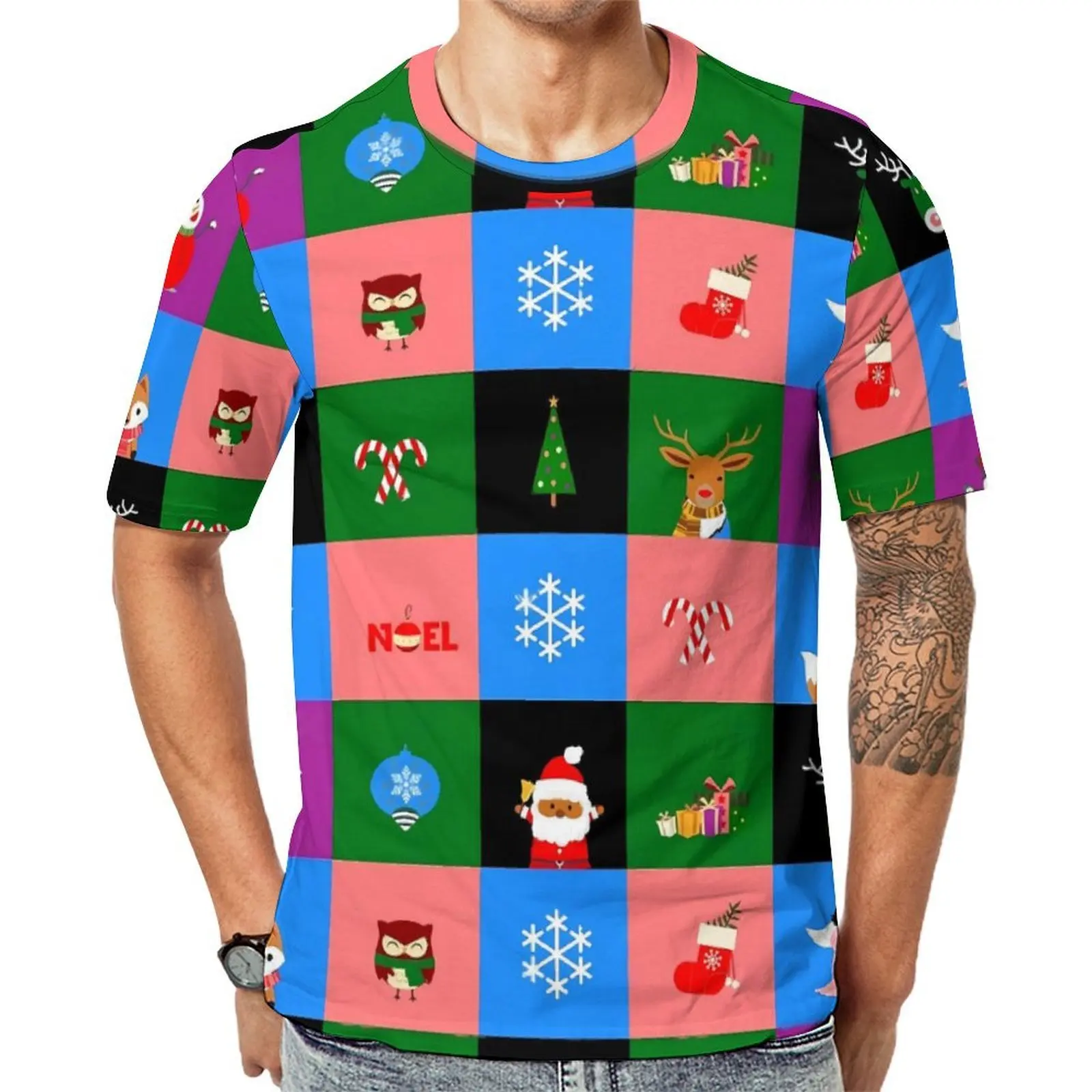 ColorBlock Check T Shirt Christmas Print Harajuku T Shirts Men Y2K Casual Tshirt Summer Short Sleeves Custom Tees Plus Size 5XL