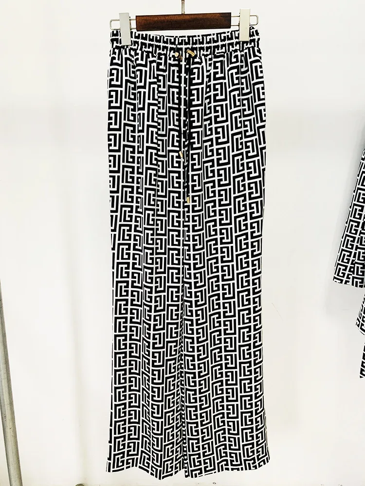 Traje de pantalón con estampado de monograma negro para mujer, Blazer y pantalón con cinturón y doble botonadura, cuello chal, 2 piezas, otoño e