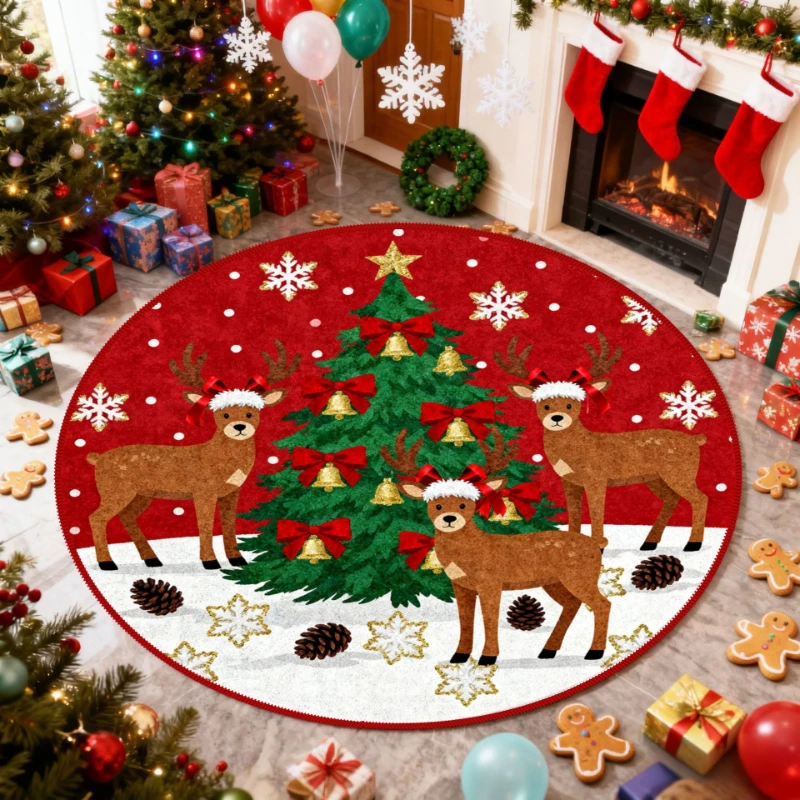 Christmas Tree Pattern Rugs for Bedroom Round Living Room Decoration Red Carpet Soft Study Floor Mat Washable Home Anti-slip Rug