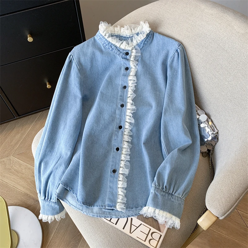 

Women's Blue Lace Casual Shirt with Collar and Long Sleeve Y2K French High Street Retro Elegant Fashion Top and Shirt Clothing