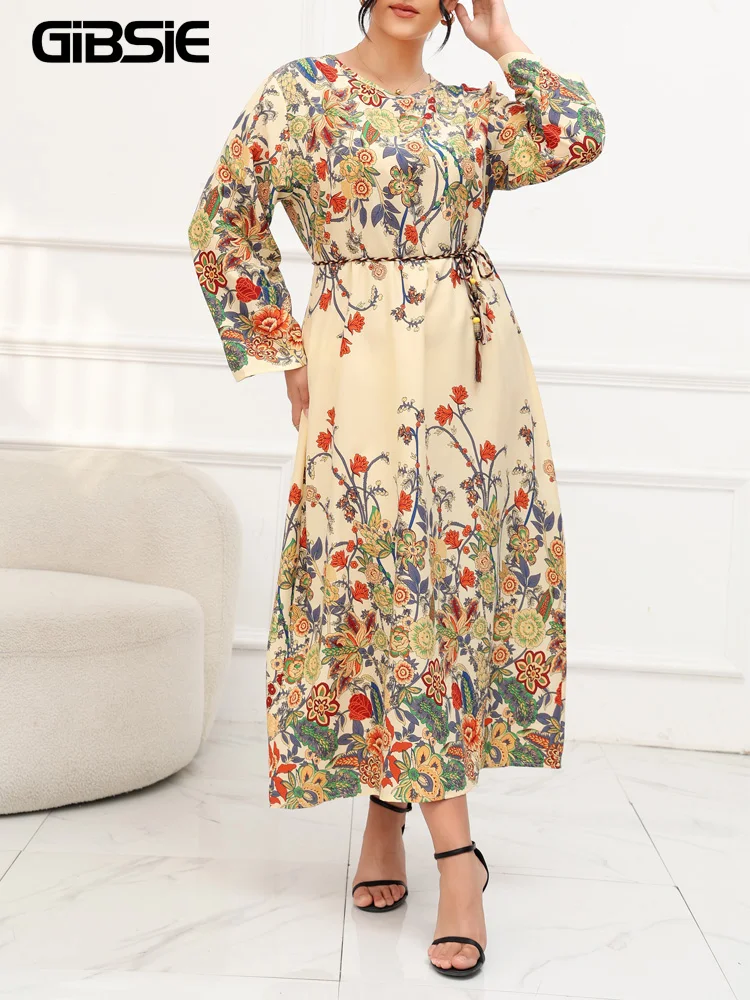 GIBSIE Plus Size Floral Print Belted Maxi Dress Women 2023 Autumn New Vintage Long Sleeve O-Neck Casual Loose Boho Dresses