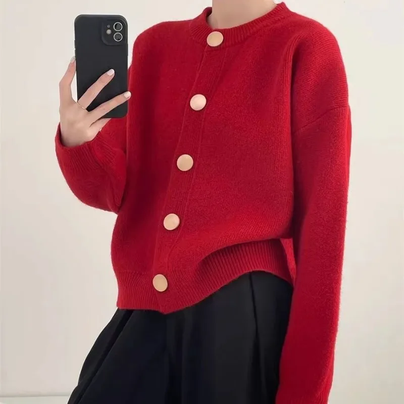 Office Lady Knitting Cardigan Women Autumn Winter Casual O-neck Solid Color Sweater Coat Fashion All-match Trend Knitwear Tops