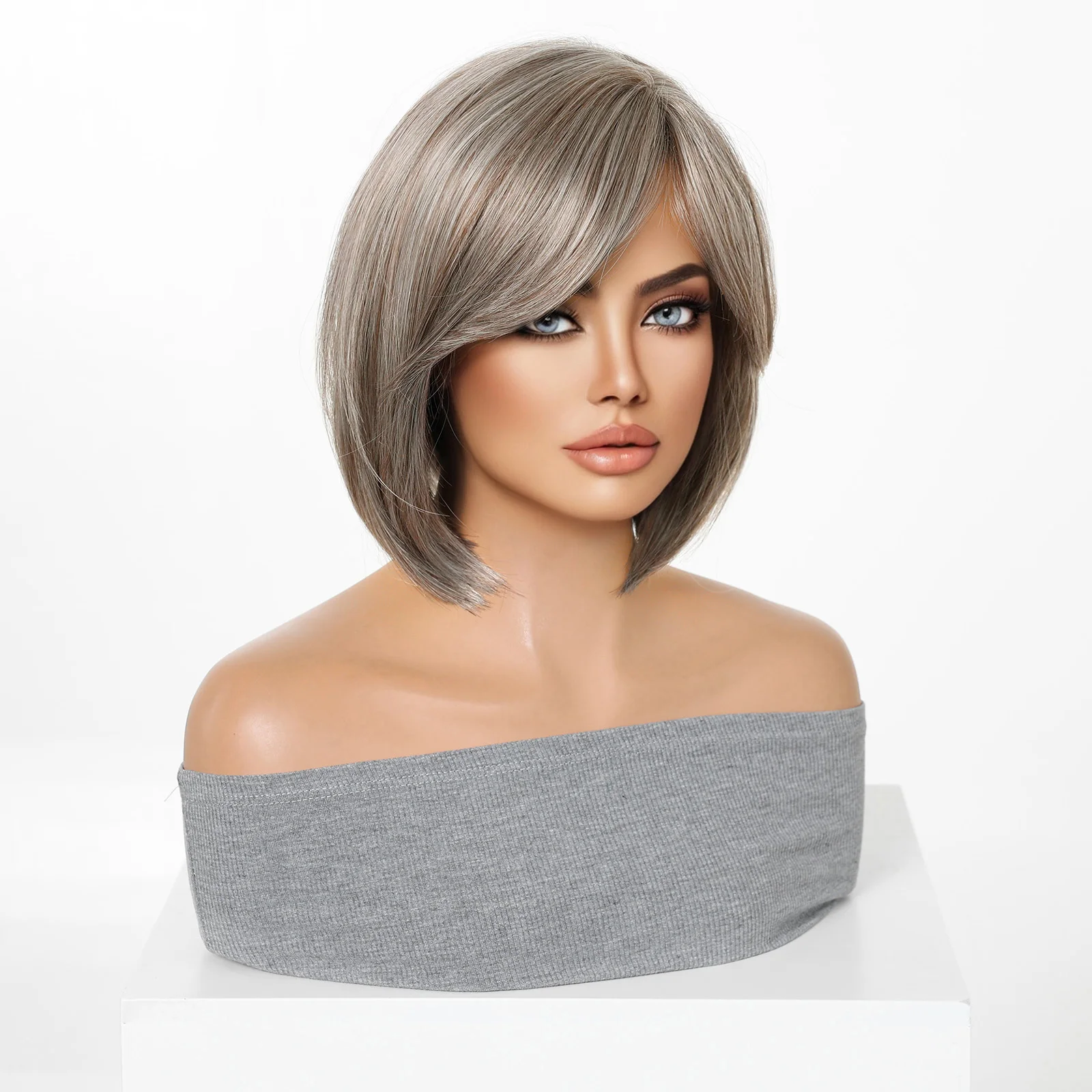 Kurze, gerade, synthetische Perücke, grau-blond, Ombre, hitzebeständige Faser, natürlich aussehend, für den täglichen Gebrauch, Party, Cosplay, für Frauen im Alltag – Detail 5