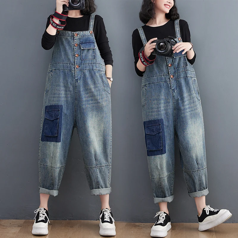 Loose Wide Leg Denim Jumpsuits Women Casual Streetwear Straight Big Size Overalls Single Breasted Mom Jeans Straps Cargo Pants