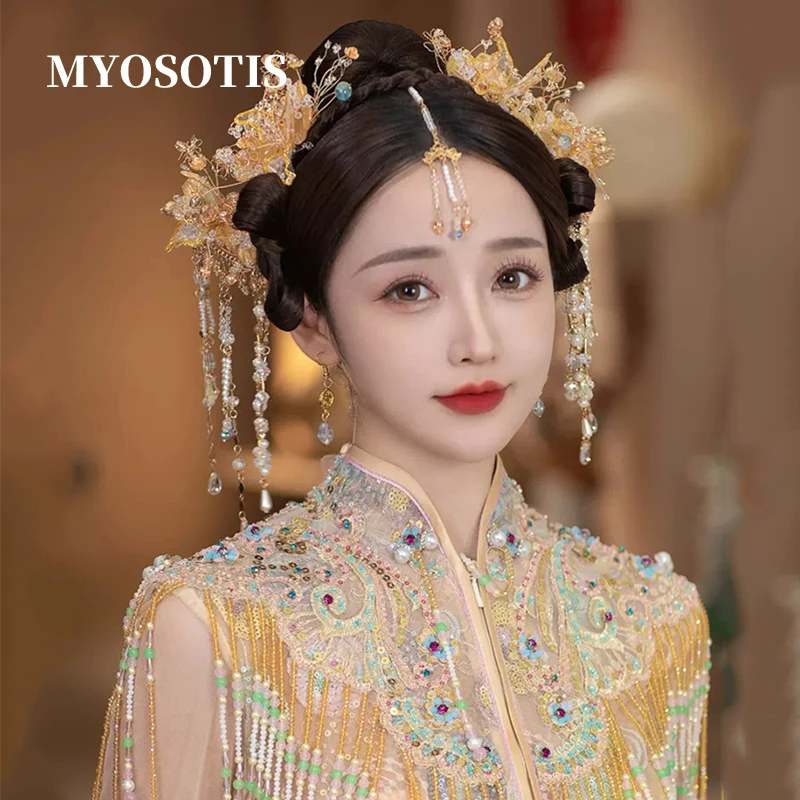 

Chinese Xiuhe Dress Flower Headdress Bride Phoenix Hairpin Set Wedding Clothing Head Accessories