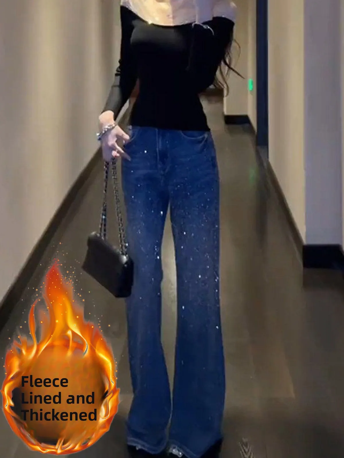 

Синие джинсы с камнями, прямого кроя, облегающие, женские, зимние, новые, на флисовой подкладке, широкие, длинные, с высокой талией