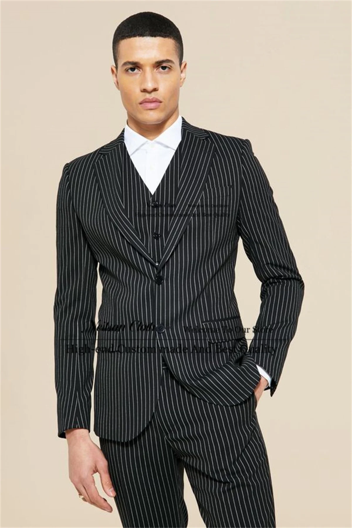 

Fashion Black Notched Lapel Male Prom Blazers 3 Pieces Sets Stripe Groom Wedding Tuxedos Slim Fit Business Terno Masculino