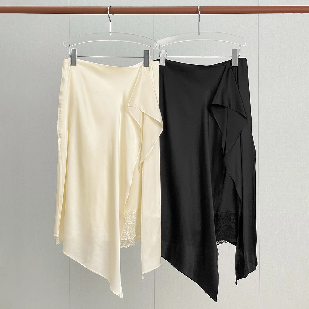 Women Acetate Blend Midi Skirt High Waist Draped Asymmetrical Hem Lace Splicing Silky Satin Elegant Party Office Ladies Skirt