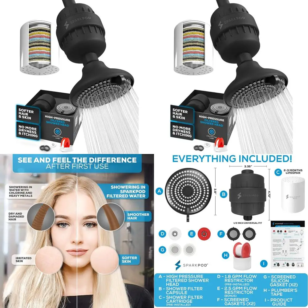 

Душевая система с 3 режимами струи и фильтрацией - очищает воду, уменьшает содержание хлора и металлов для здоровья кожи и волос (черный матовый)