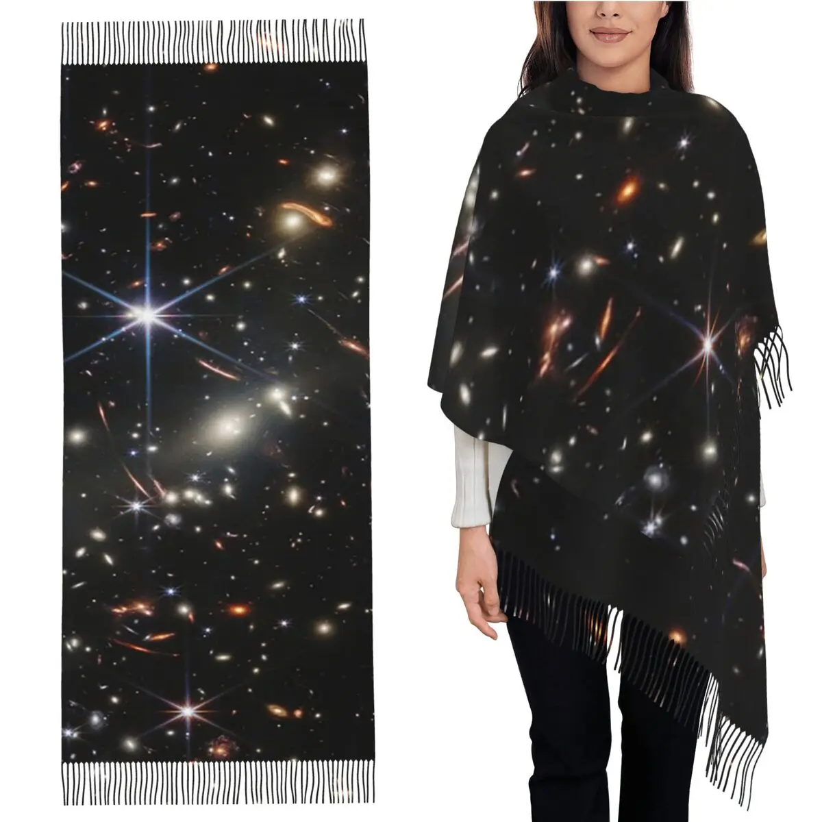 

Джеймс Уэбб, космический телескоп, ранние галактики, шарф с глубоким полем, шарфы с кисточками, шали и накидки, большая осенне-зимняя шаль