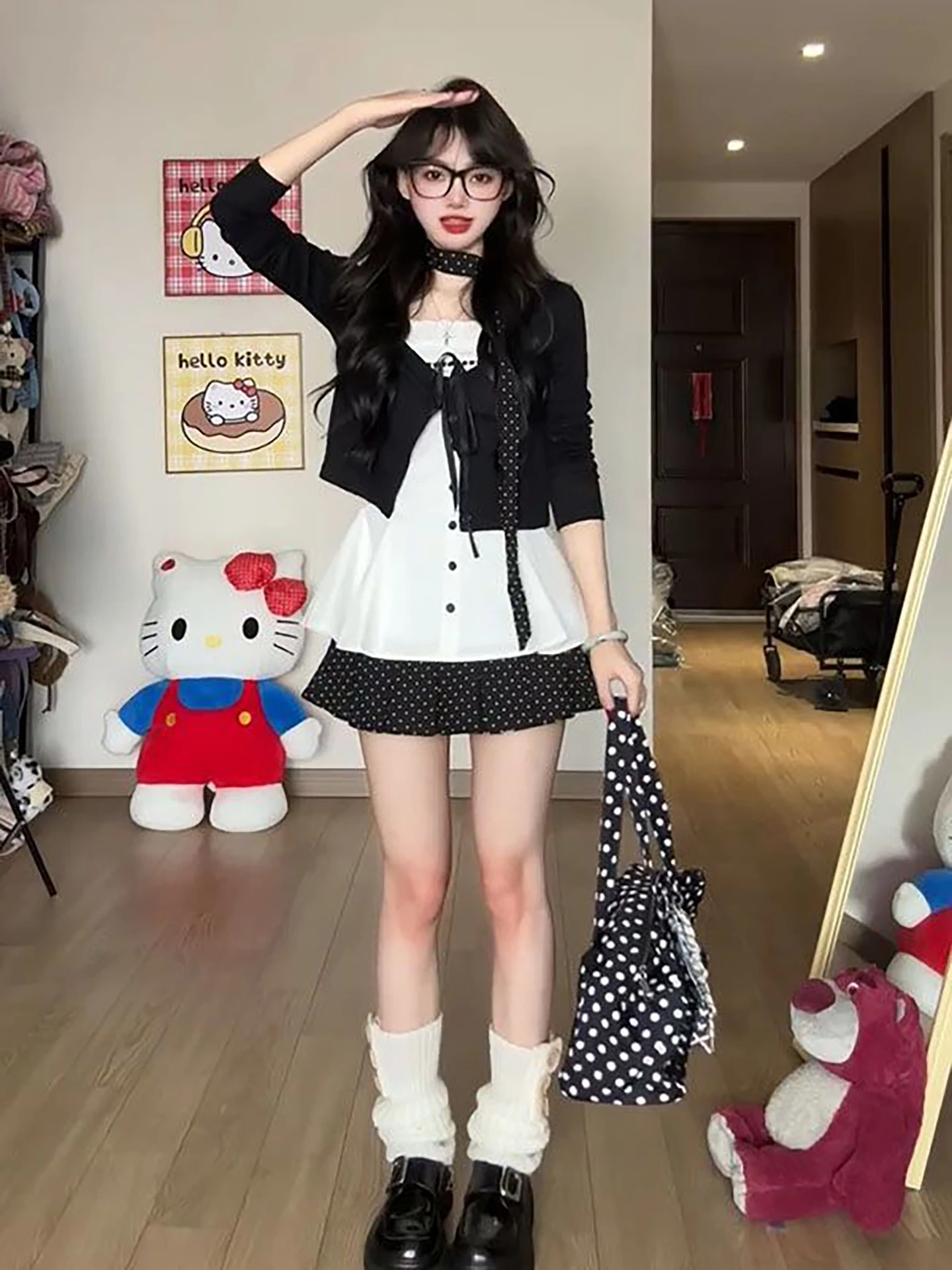 

Retro Soft Casual Black Knitted Open Cardigan with Bow Tie Strap Polka Dot Skirt Three Piece Set Women's Fashion Ensemble
