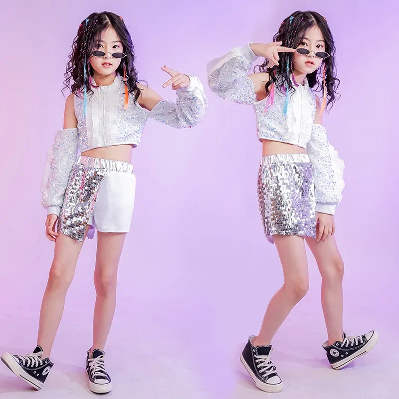 Pakaian panggung anak-anak, mode kostum panggung perak putih, pakaian penampilan Jazz perempuan Hip Hop, pakaian penampilan anak perempuan, Model pakaian panggung