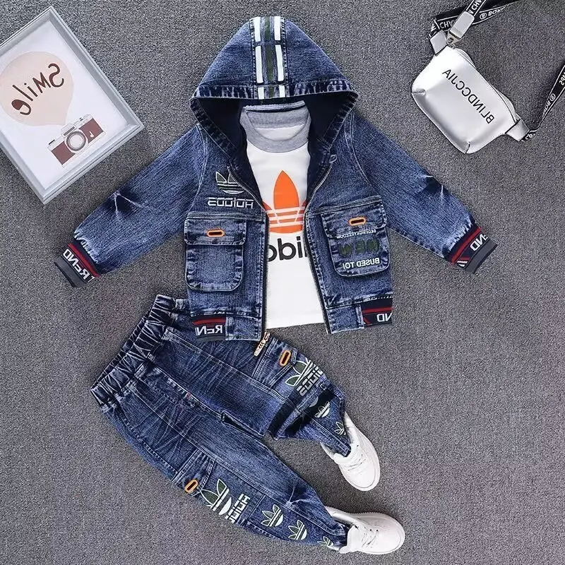 2025 Girl Spring Autumn Children Boy 2PCS Clothing Set Cotton Hoodied Denim Coat +Solid Jeans Pants Baby Boys Outfits