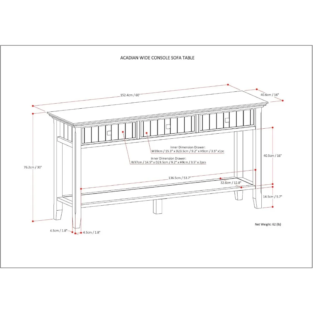Acadian SOLID WOOD 60 inch Wide Transitional Modern Wide Console Sofa Entryway Table in Brunette Brown with Storage,
