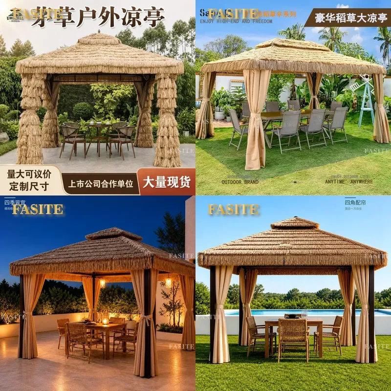 For Outdoor Garden Patio Thatched Pavilion Straw Tent Shade Shelter Four Corner Gazebo Courtyard Leisure Sun Protection Decor