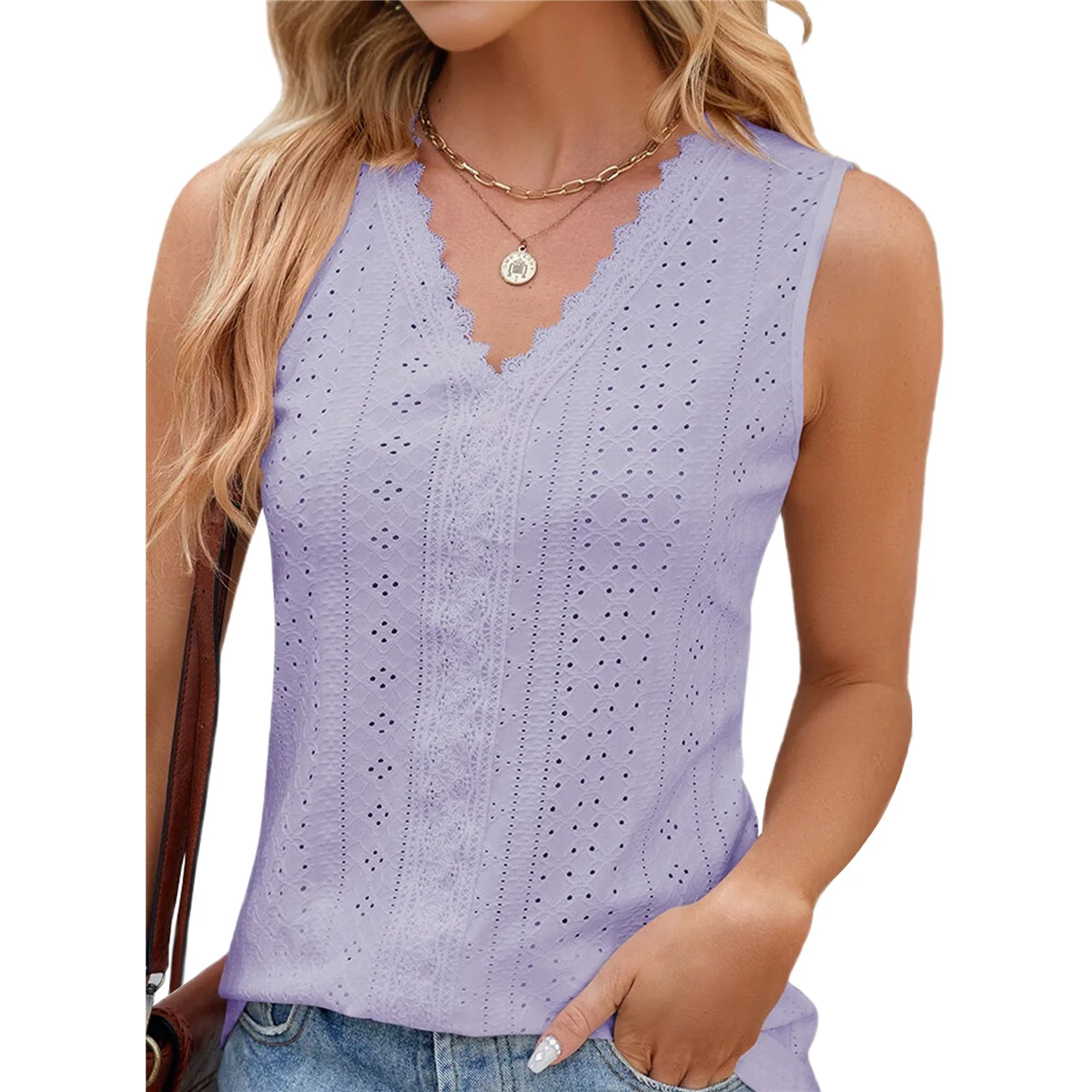 

Women'S Trendy Tank Tops Eyelet Embroidery Sleeveless V-Neck Tank Shirts for Daily Casual M