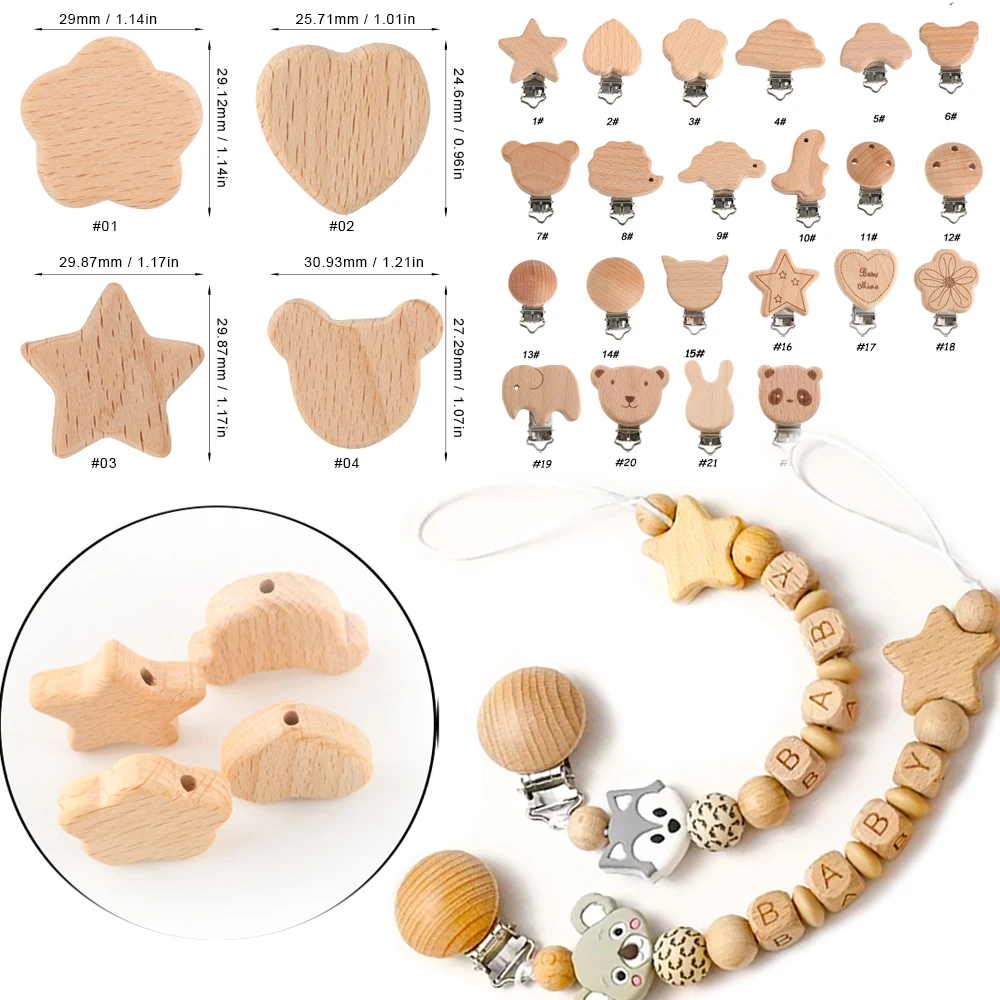 60pcs Cartoon Panda/Bear/Rabbit/Flower/Star Beech Wooden Clips DIY Bag Hat Chain Keychain Holder Clamps Jewelry Accessories