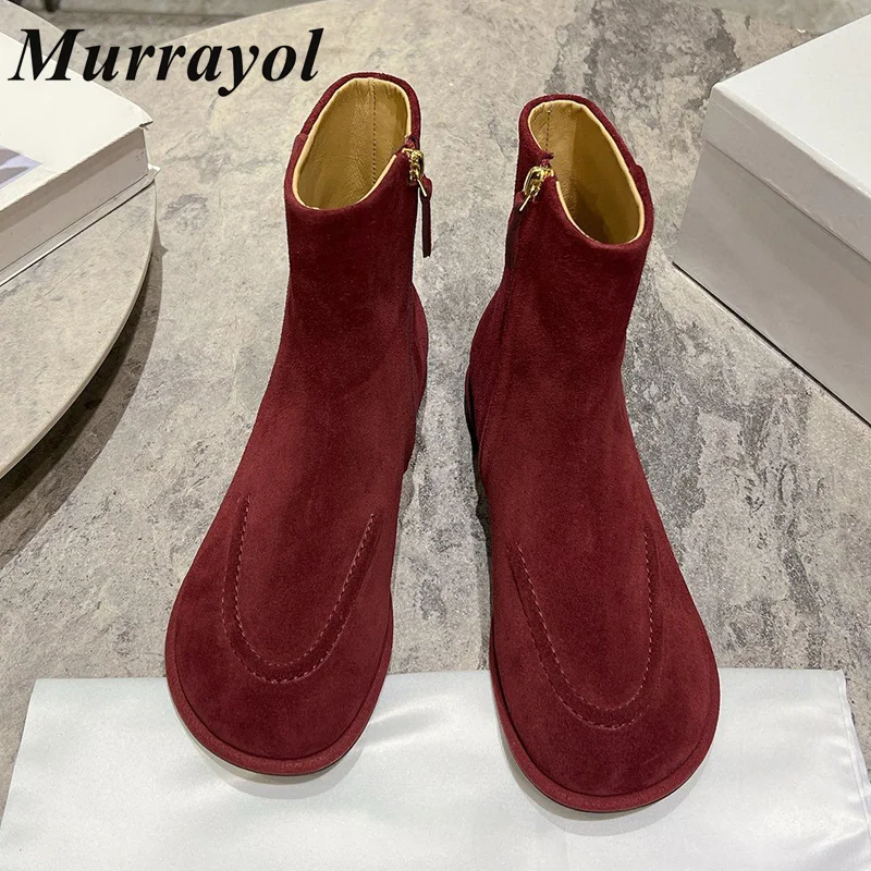 

New Cow Suede Flat Bottom Ankle Boots Women Round Toe Solid Color Side Zipper Short Botas Autumn Winter Retro Riding Boots