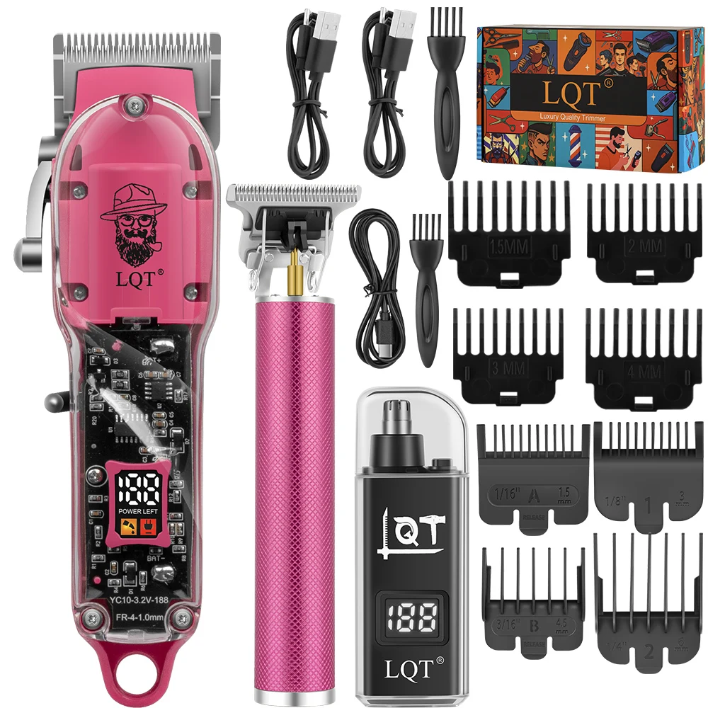 LQT Cordless Hair Clipper T Trimmer Set Pink Transparent LED Display Easy Use For Beginners Adults Boys Family Home Haircut