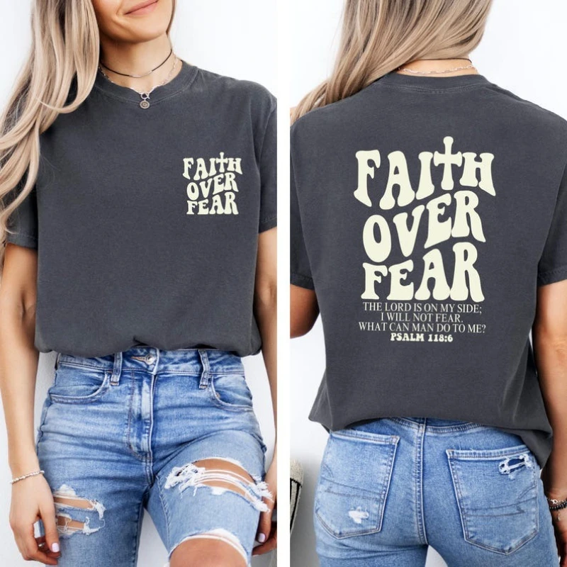 Women's Faith Over Fear Christian Shirt Christian Faith Tshirt Jesus Bible Verse Tee Tops  Church Lover Gift Religious Faith Tee
