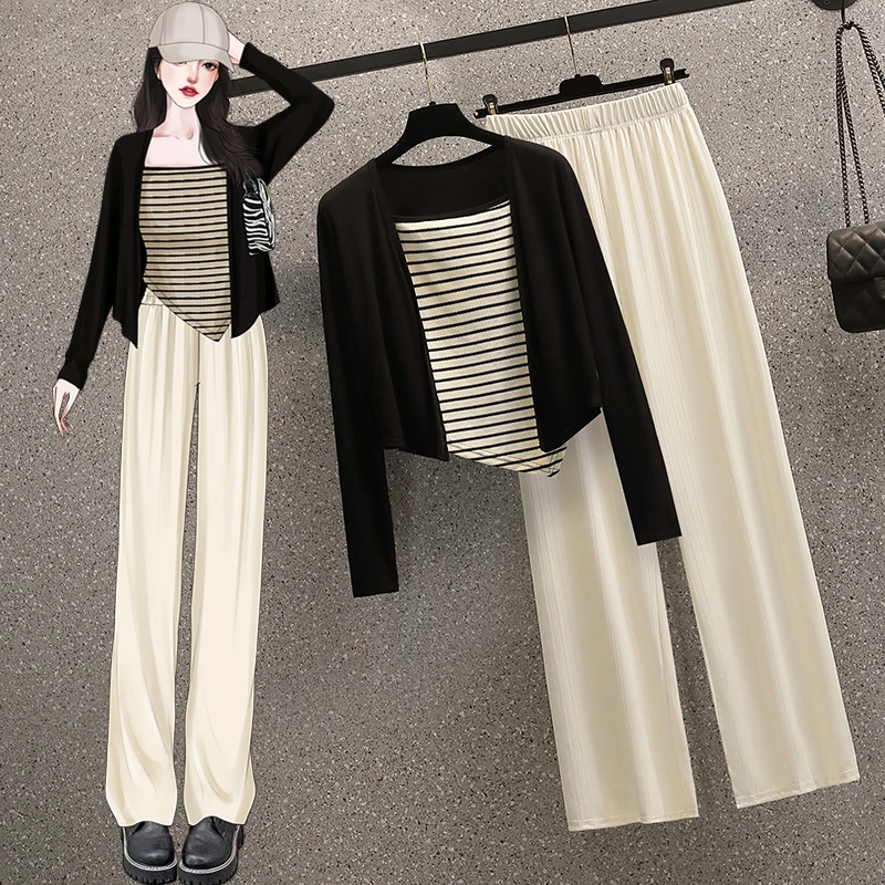 Women Fashion Streetwear y2k Suit Stripe Vest Cardigan Top And Pant Three Piece Set Female Tracketsuit Large Size Clothing