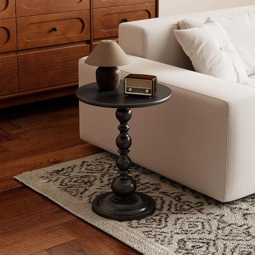 Metal Small End Table, Vintage Matte Black Round Side Table Nightstand or Bed, Small Accent Pedestal Table for Living Room, Bedr