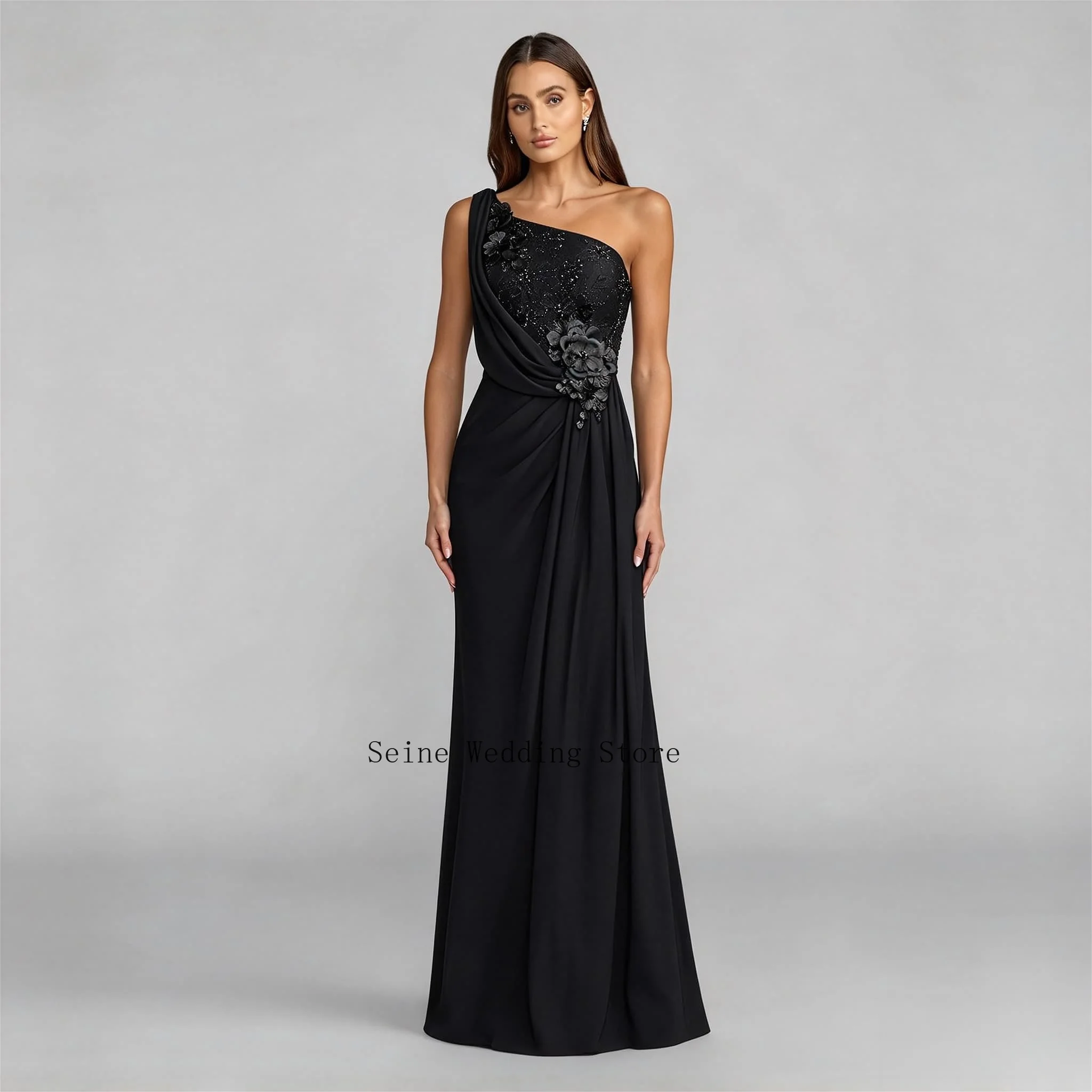 Mermaid Chiffon Evening Dress 3D Floral Sequin Appliques One Shoulder Sleeveless Draped Bodice Formal Wedding Guest Party Gown