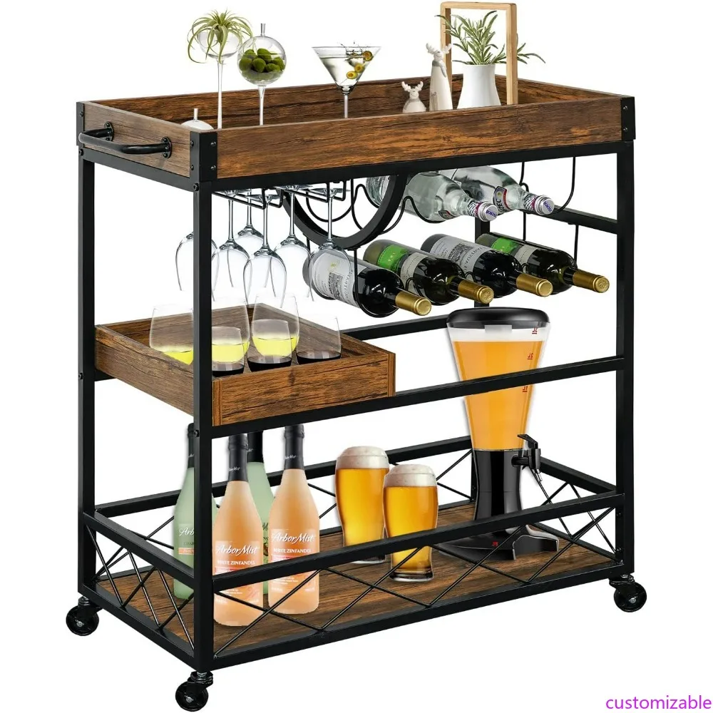 

Industrial Style 3-Tier Rolling Bar Cart with Lockable Wheels and Removable Serving Trays for Home Use