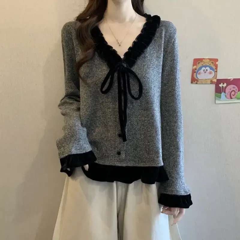 

Вязаный свитер с V-образным вырезом, оборками и бантом для женщин, офисная одежда, милый стиль, весенне-осенний пуловер с длинными рукавами, топ