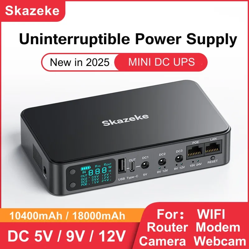 Skazeke D2P Mini UPS DC مصدر طاقة غير منقطع 18000mAh 5v 9v 12v 2A 220V راوتر مودم واي فاي 18650 بطارية احتياطية مع شاشة LCD #6