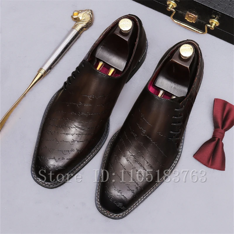 Men Luxury Embossed Letter Print Dress Shoes Genuine Leather Lace Up Oxford Shoes Formal Business Wedding Party Dress Footwear