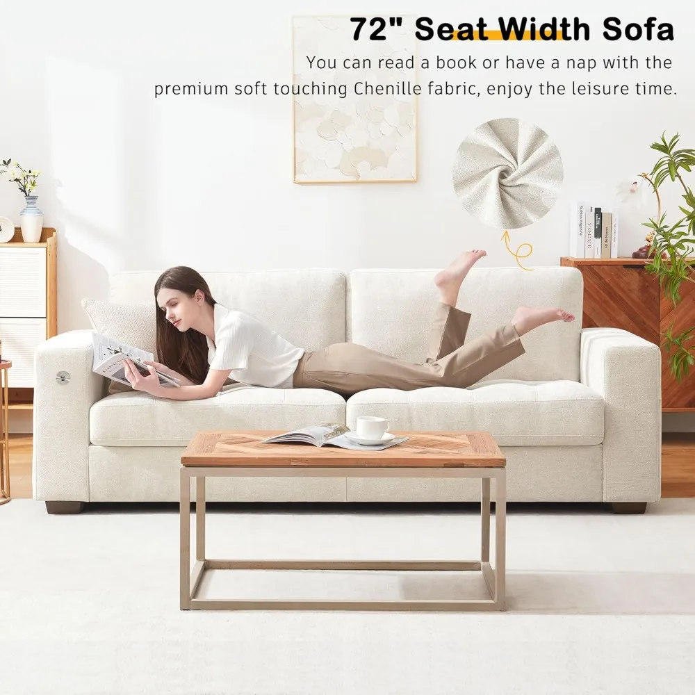 89-inch sofa sofa, modern 3-seater comfortable sofa with 8-inch medium-firm seat cushion, removable cover, wide armrests, Beige